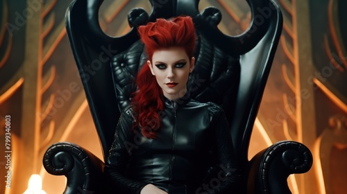 Mysterious woman in black sitting on a throne in a dark, gothic setting