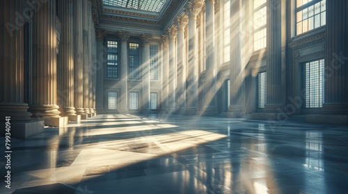 The image shows a large, empty hall with marble floors and columns. The hall is lit by sunlight streaming in from the windows.
