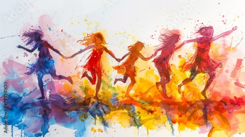 watercolor painting of five women dancing holding hands