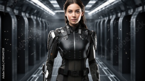 Futuristic Female Warrior in High-Tech Armor Standing in a Sci-Fi Corridor