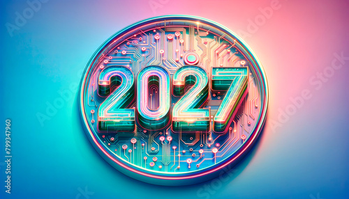 Neon-lit digital numeral 2027 showcased on a vibrant gradient background, representing futuristic concepts and technological advancements.