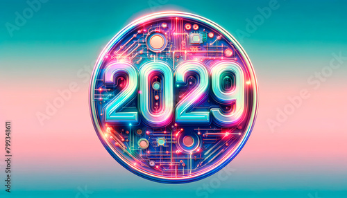 Futuristic digital token with the year 2029 glowing in vibrant neon colors against a gradient background, symbolizing advanced technology and future trends.