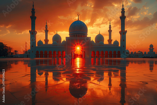 Silhouette of Sheikh Zayed Grand Mosque in Abu Dhabi, UAE, sunset sky