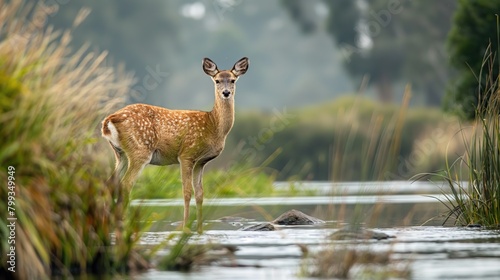 Deer Standing in Middle of River