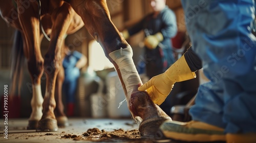 Veterinarian Bandaging the Injured Leg of a Horse in a Stable During Morning Hours