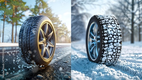 Seasonal Tire Change Concept. Summer vs Winter Driving. Safe Travel, Weather Conditions. Vehicle Maintenance Tips. High-Quality Tires on Road. AI