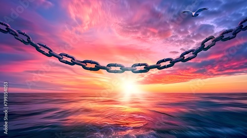 Stunning Ocean Sunset with Silhouetted Chain Links, Peaceful and Powerful Natural Scene, Ideal for Backgrounds and Wallpapers. AI