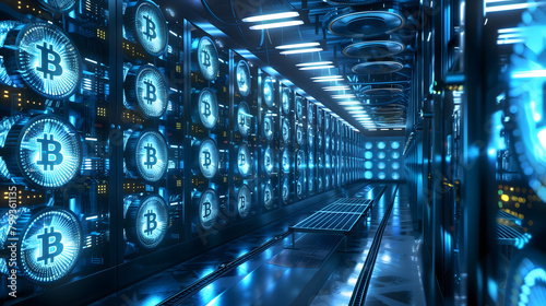 Cryptocurrency mining concept, Bitcoin symbols illuminating a technologically advanced facility, representing the future of finance, security, and digital currency trade, blockchain
