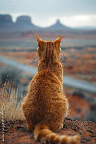 Cat from behind walking on a typical US road with a scenic monument valley view morning light