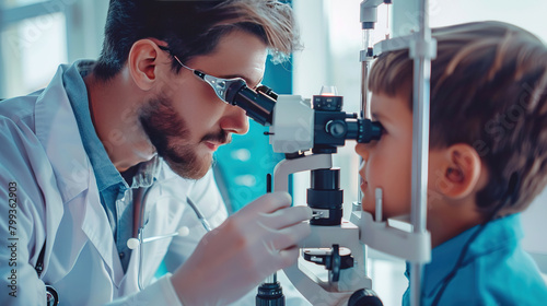 An ophthalmologist uses an eye test machine to look into a boy's eyes, an optometrist performs an examination, a child sees an ophthalmologist in a medical clinic