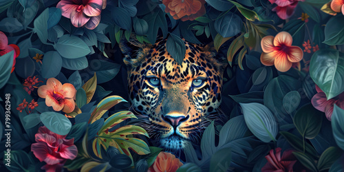 Leopard Peeking Out From Lush Exotic Flowers