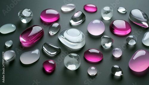 Collection of pink and clear amorphous shaped stones. Abstract 3D background.