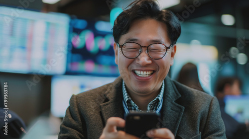 A Korean CEO smiles while trading stocks on his phone