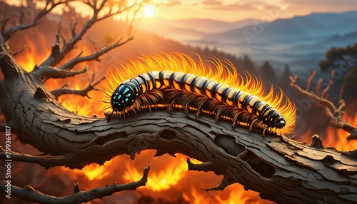 A fire-breathing caterpillar on a scorched tree branch, with a smoky
