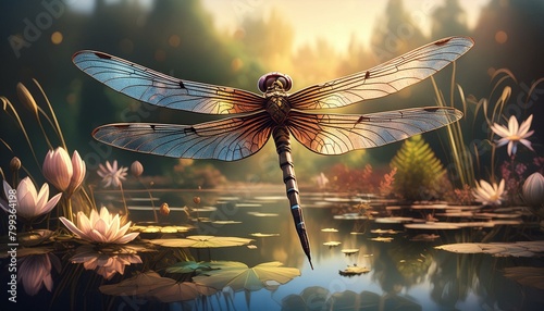 A gigantic dragonfly hovering over a small pond, with a blurred background of reeds 