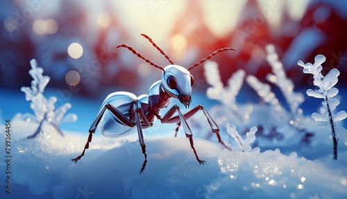 An ice-coated ant moving through a snowy landscape, with a frostily blurred background