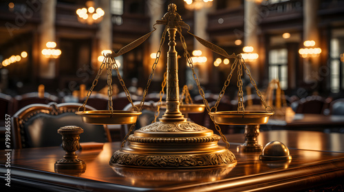 golden scales of Justice in the courtroom