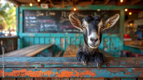  A goat up close, seated on a wooden bench, beside a chalkboard in the background