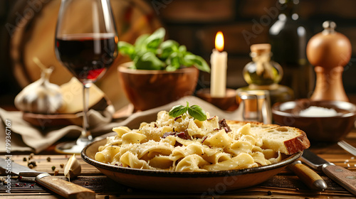A Classic Setting of Comfort Food: Creamy Pasta with Side of Garlic Bread and Red Wine