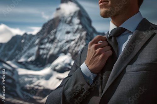 Close-up of a Businessman in a Suit, Adjusting His Tie With One Hand With Matterhorn Mountain on Background