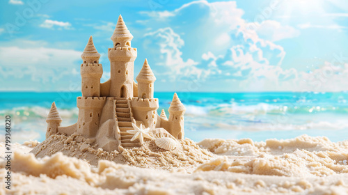 Sand castle on the beach. Summer vacation concept. Copy space. AI.