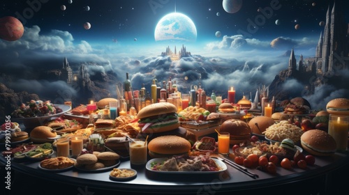 A table full of food with a city in the sky