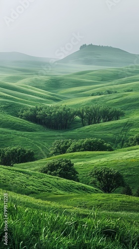 Green rolling hills with trees in the valley