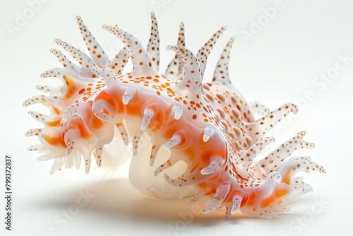 A translucent orange-white sea slug with brown spots
