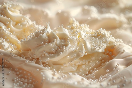 Close-up view of a creamy substance with tiny beads scattered on its surface, resembling pearls on a satiny fabric.