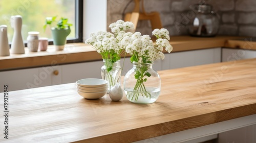 A wooden table with a vase of white flowers