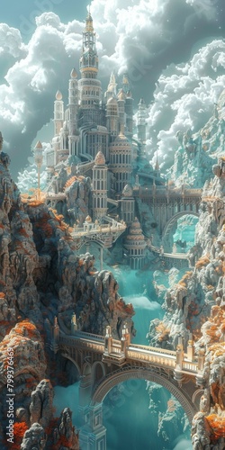 Fantasy castle in the sky with waterfalls and bridges