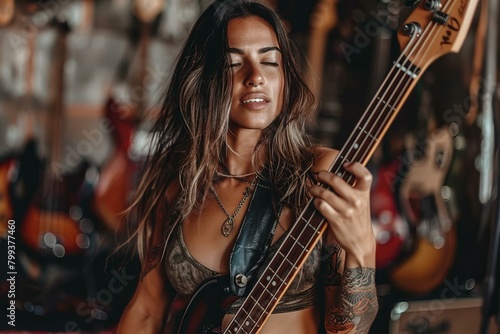 Sensual woman playing bass guitar with closed eyes