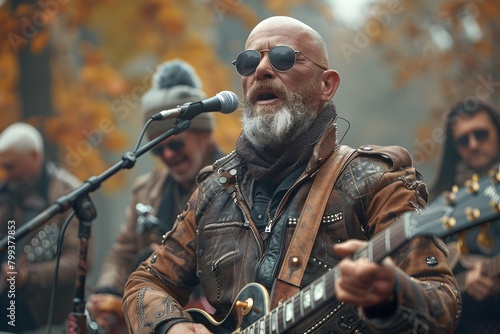 Un hombre mayor con lentes obscuros tocando una guitarra en un concierto el aire libre en el dia con su banda de rock