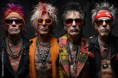 Hombres mayores usando lentes obscuros, cabello teñido, accesorios vistosos y atuendos rockeros. Integrantes de una banda de rock. Dia mundial del rock 