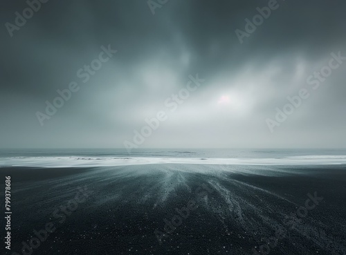 Black sand beach in Iceland with dark stormy sky