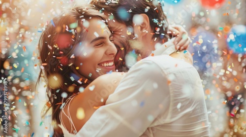 Joyful Engagement, Couple Hugging with Confetti in Air