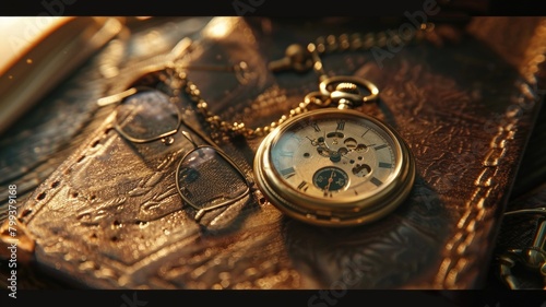 the intricate details of vintage accessories such as pocket watches and classic spectacles in close-up shots under natural daylight
