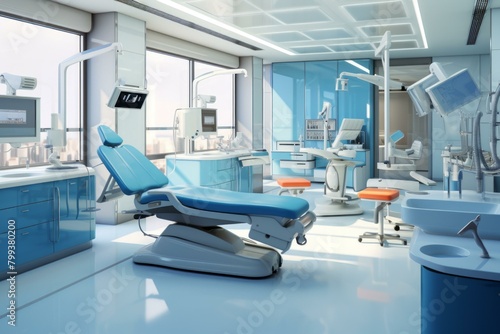 The interior of a modern dental clinic with blue and white walls and silver and blue dental chairs
