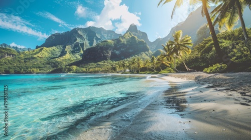 Secluded Tropical Beach Panorama with Mountain Backdrop