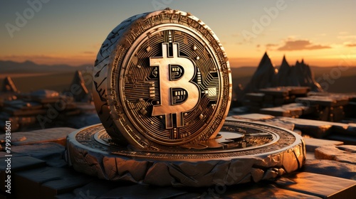 A large gold Bitcoin sits on top of an altar in a temple.