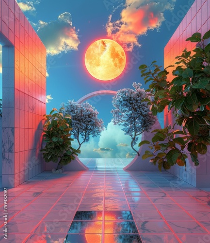 Surreal Pink and Blue Moonlit Courtyard