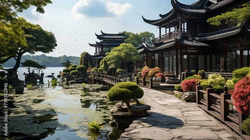 chinese traditional courtyard house with lake and garden