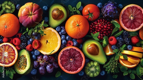 Many fresh fruits and vegetables. Generative ai