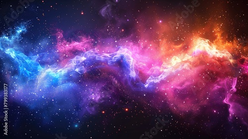 A colorful galaxy with a long, purple line. The colors are bright and vibrant, creating a sense of wonder and awe. The image is a beautiful representation of the vastness and beauty of the universe