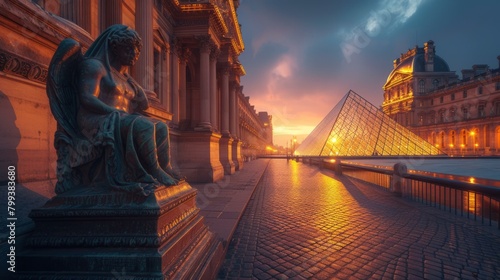 Paris cityscape with Louvre Museum and golden statue in foreground