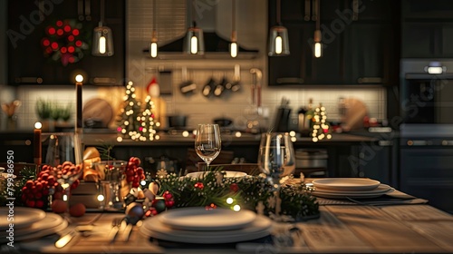 Cozy Holiday Cottage Interior, Sleek Black Kitchen
