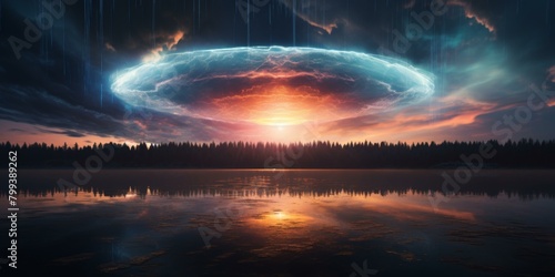 A beautiful landscape of a lake with a large glowing portal in the sky