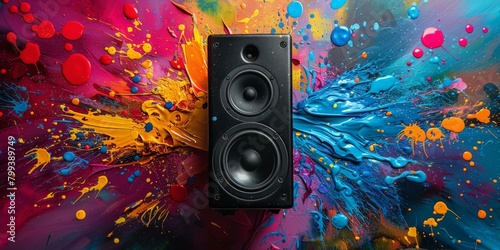 Black speaker with colorful paint splatters