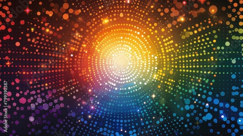  A vibrant abstract backdrop featuring circles and dots concentrating in image core, encircled by radiant light at its heart