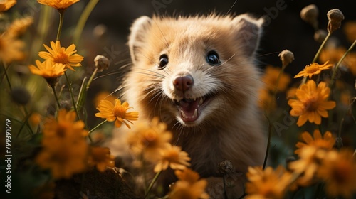 Small cute quokka in a field of yellow flowers